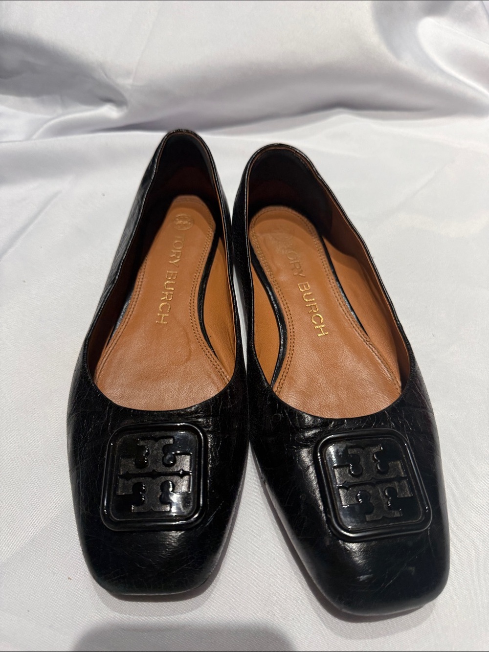 Tory Burch Black Leather Logo Square-Toe Ballet Flats